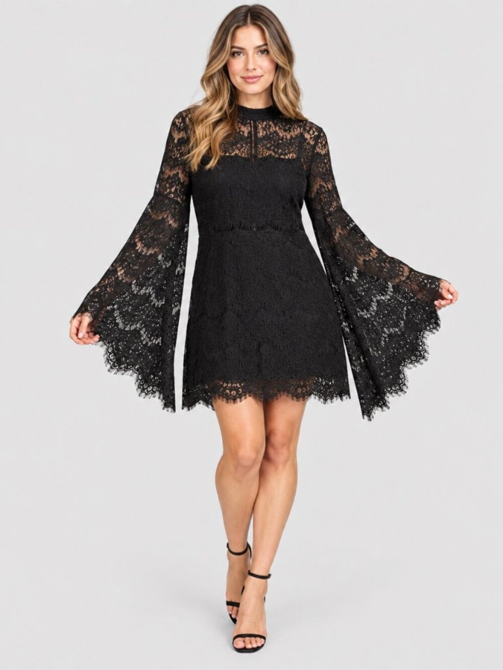 Lulus Women's XL Black Lace Mini Dress Bell Sleeve Mock Neck Romantic Goth